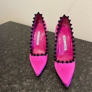 Manolo Blahnik Hot Pink Pumps with Black Pom Poms